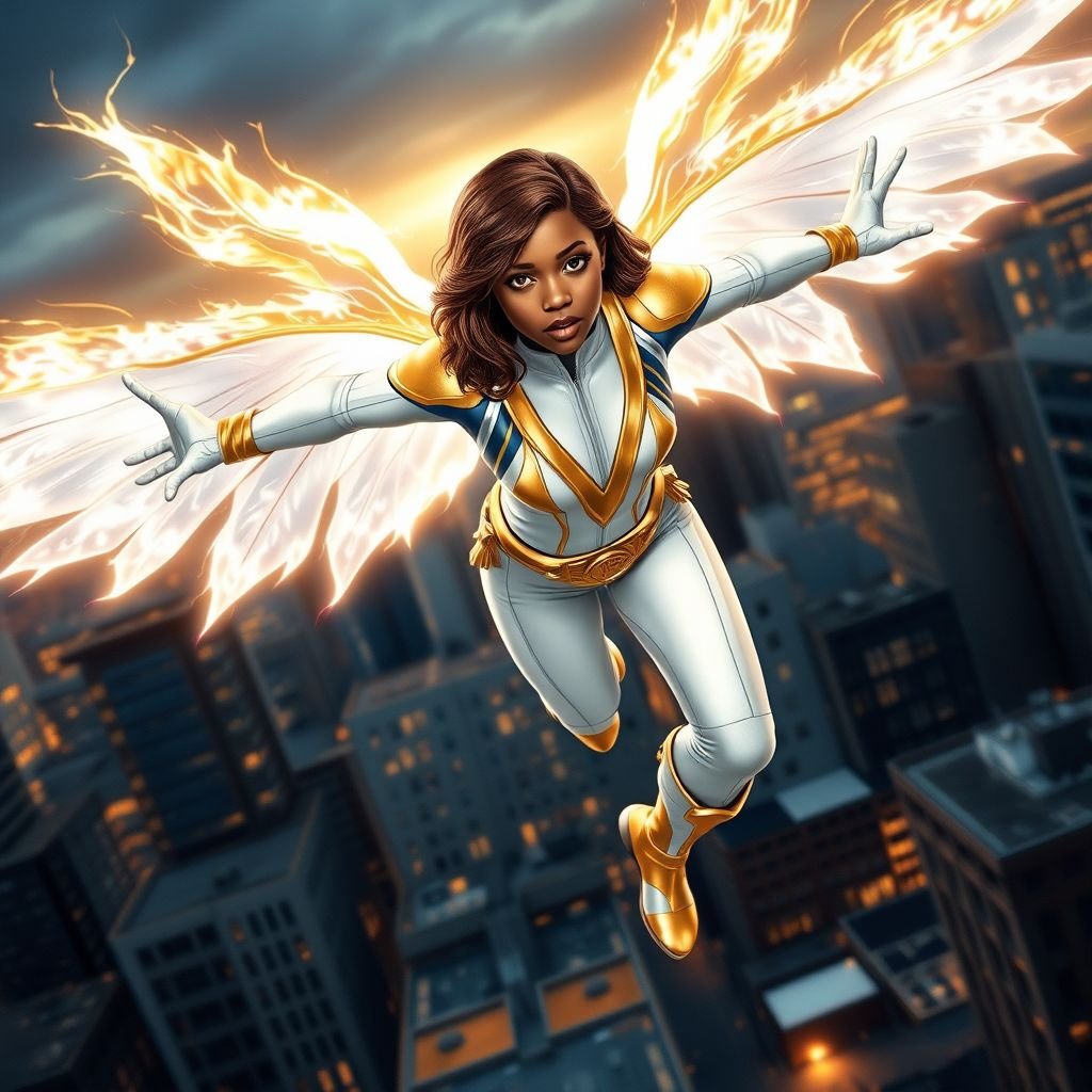 A teenage African American female superhero with brown hair with gold highlights in a shoulder length side part hairstyle with pure Gold Glowing eyes wearing a white suit with gold and royal blue with white pants and gold and white knee length boots with a utility belt with a gold V as her chest emblem with glowing wings made of white fire flying in Philadelphia