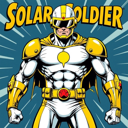 SOLAR SOLDIER. Blinding yellow and white bodysuit. Helmet with Visor. Insignia is ☉. No Red in costume