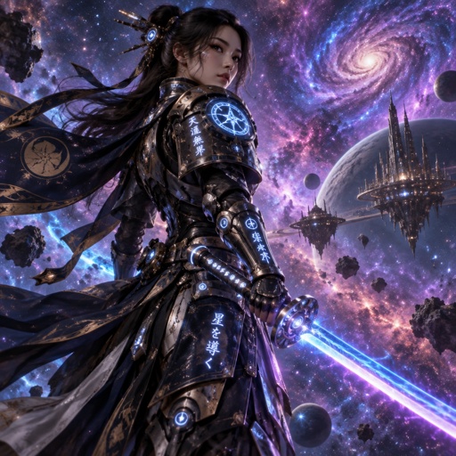 Woman in futuristic space samurai armor, 