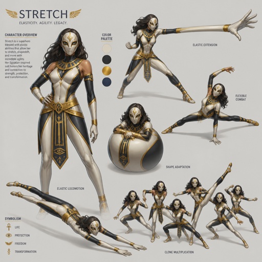 Female superhero with elastic powers, costume is Egyptian inspired, full face mask hair showing, multiple of the same character