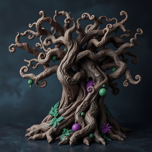 Give me a image of a dark  magic tree, with roots in the bottom