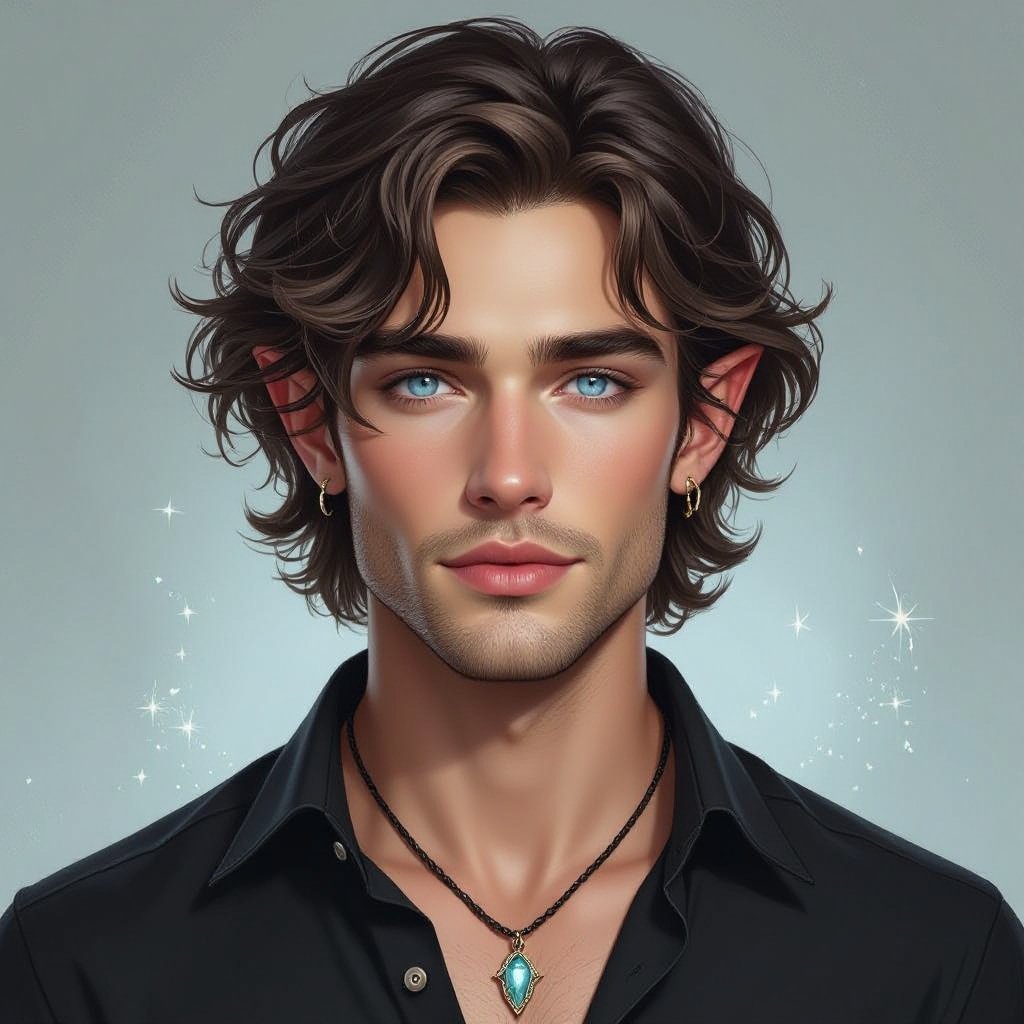 Mężczyzna. Człowiek. Delikatna uroda, włosy krótkie zasłaniające uszy, włosy sięgają do podbródka, lekko kręcone, ciemnyblond. Oczy jasnoniebieskie. Delikatnie zadarty nos. Wąskie usta. Bez biżuterii. Wąska, uwydatniona szczęka. Ubrany alternatywnie.  Normalne uszy. Bez kolczyków. Ubrany na czarno w siatkowaną bluzkę. 