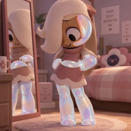 Ginger from Dandys world in her room enjoying her opalite legs and arms and face piece noticing that she also has a opalite waist 