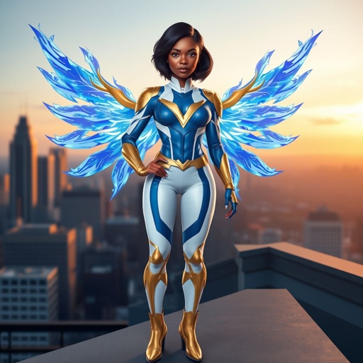 A young African American female superhero with shoulder length hair in a side part style wearing a blue and white suit made of spandex like material that’s slightly armored with gold accents with white pants and gold boots with a stylized V as her chest emblem with wings made of blue fire standing on a roof in a Philadelphia at dawn