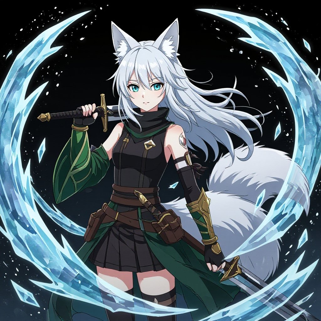 A pale teenage girl wearing black, has medium white hair, has large fox ears and a fluffy tail and a dark green and brown ancient right arm with a black glove on her left arm holding a sword of ice with a black-ish background with ice swirling around her