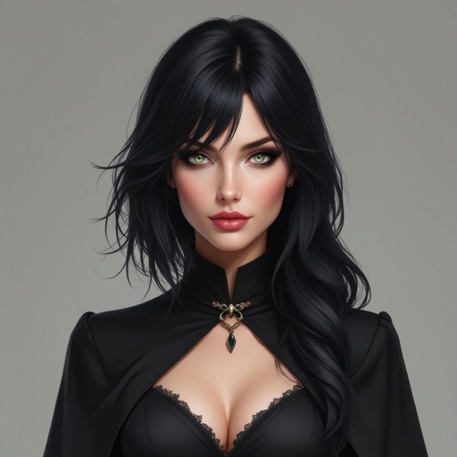 Show character head to toe. Create a mid age fantasy woman jet-black hair is cut sharpand her eyes seem to pierce through darkness. A shadowy aura clings to her form,
