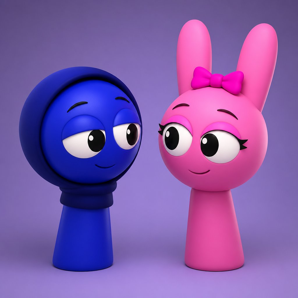 Jevin from Sprunki and Pinki from Sprunki looking at each other