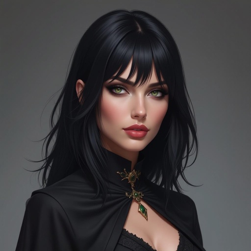 Show character head to toe. Create a mid age fantasy woman jet-black hair is cut sharpand her eyes seem to pierce through darkness. A shadowy aura clings to her form,