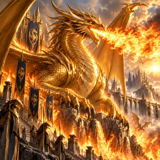 a golden dragon is on fire in front of a castle