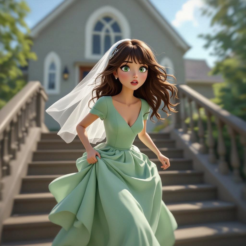 Młoda kobieta. Brązowe, długie, falowane włosy. Grzywka. Zielone, jasne, duże oczy. Wąskie usta. Blada cera. Pyzata, okrągła twarz.
Ubrana w jasną, zieloną suknie ślubną. Welon na głowie. Jest w trakcie ucieczki z kościoła. Zbiega po schodach, trzymając suknie, by się nie potknąć. Ucieka po schodach. W tle kościół z którego ucieka. Biegnie w bok ekranu. Patrzy za sobą. Odwraca wzrok w kierunku kościoła. Akcja w ruchu. Musi wyglądać jakby biegła. Schody bokiem ustawione do kamery. Kobieta bokiem do kamery. Odwraca głowę w kierunku kościoła. Kobieta jest wystraszona. Jej wzrok ucieka.