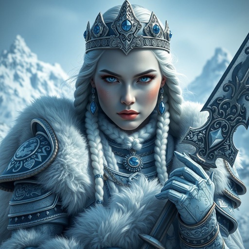 Full Character Description (Art Prompt Style): A fierce and regal warrior queen with icy blue skin and piercing frost-blue eyes, long silver-white braids adorned with crystal beads, wearing a silver and sapphire crown that glistens like frozen starlight. Her fur-lined armor is made of deep steel plates etched with snowflake runes, layered over a heavy leather tunic, and reinforced with frost-crusted pauldrons. She wears a flowing white and pale-blue fur cloak draped over her shoulders, trailing to the ground. Her gauntlets are engraved with runes of winter, and her boots are plated and fur-trimmed, designed for tundra battles. In her hand, she grips an ornate ice-forged spear tipped with a shard of living crystal. Behind her stretches a vast, blizzard-swept battlefield with jagged ice peaks in the distance. Full-body composition, standing in a commanding pose, wind whipping her cloak, cinematic lighting, ultra-realistic, hyper-detailed fantasy art style.