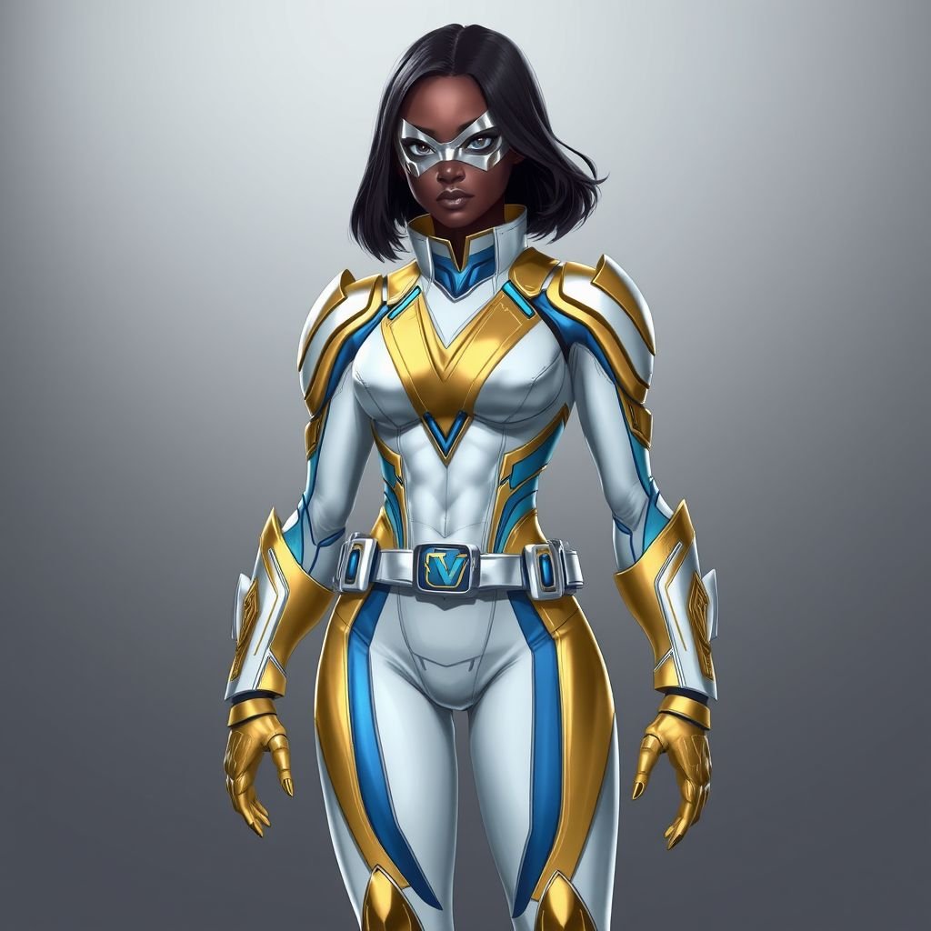 A teenage African American female with shoulder length hair  in a side part style superhero  wearing an armored MASK and a slightly armored white and gold suit with white pants and blue accents and a stylized V as her chest emblem a utility belt and gold boots