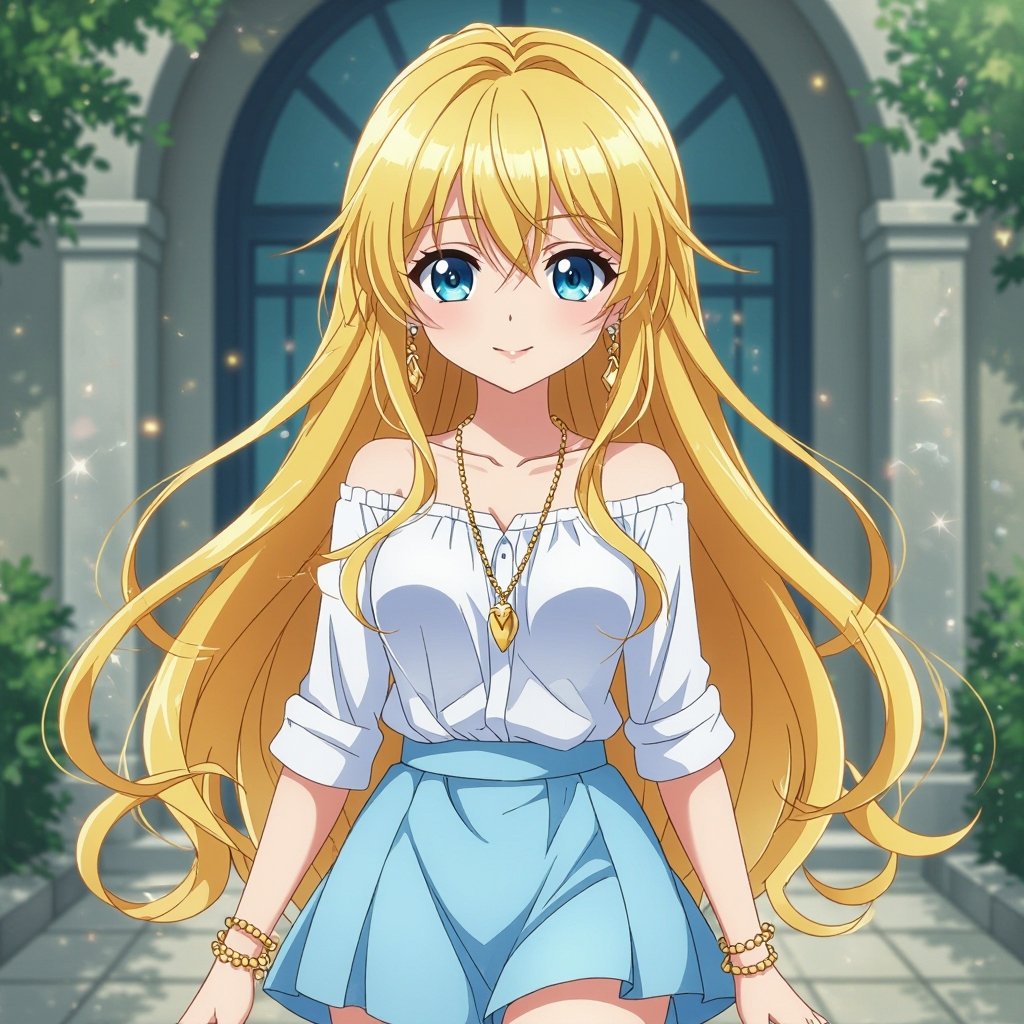 Long blonde hair. Light blue eyes. White gypsy shirt. Gold necklace and bracelet. Light blue skirt. Heels. 13 years old. Rich girl