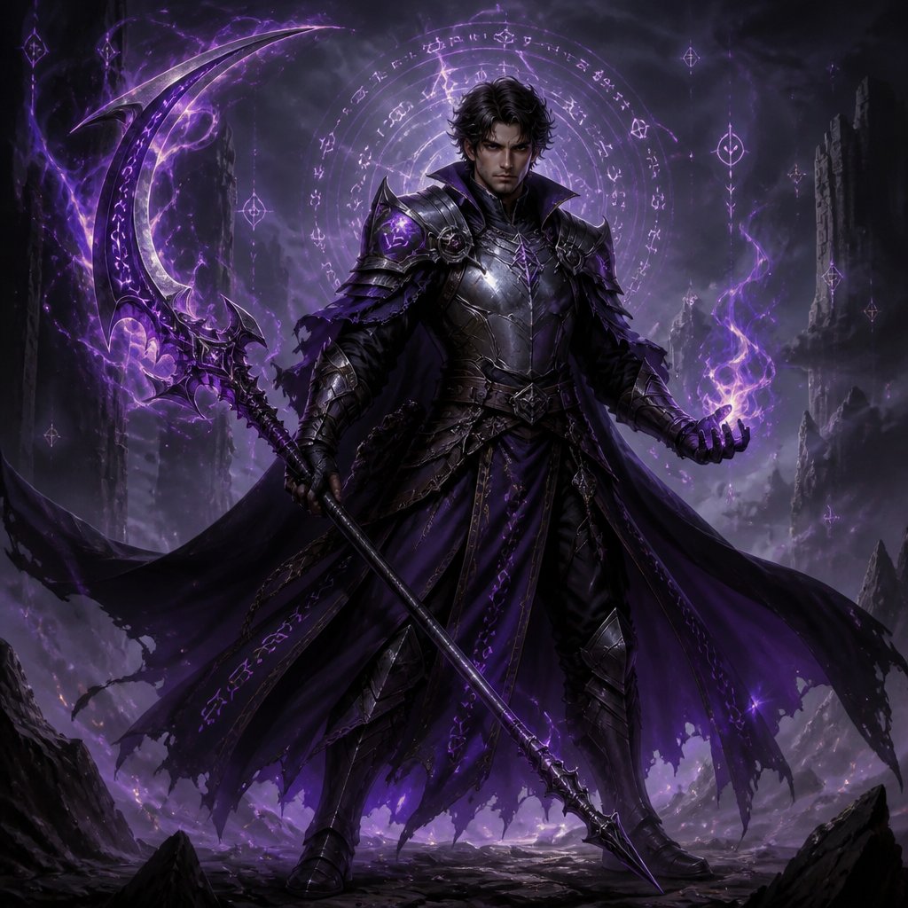 Dnd male Variant Human Warlock wearing a breastplate and wielding a hexblade glaive