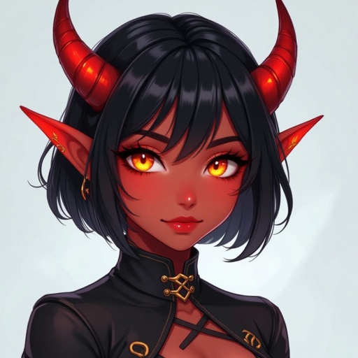 A female tiefling with short black hair in a bob cut with bangs has red skin and orange eyes, tiefling rogue, female tiefling, red skinned female, female with black hair, female with orange eyes, tiefling female, female rogue, dnd rogue, dnd female,