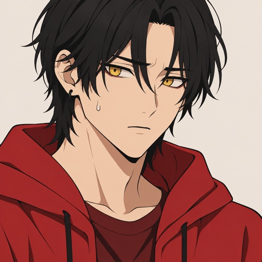 Male, Asian, neck length black hair, yellow eyes, eyeliner, wears red casual clothes, small mouth, nervous