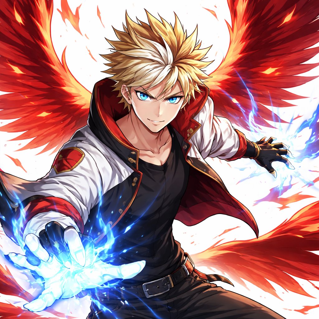 Male with blond hair and white stripes with a mix of blue flame and red wing quirk