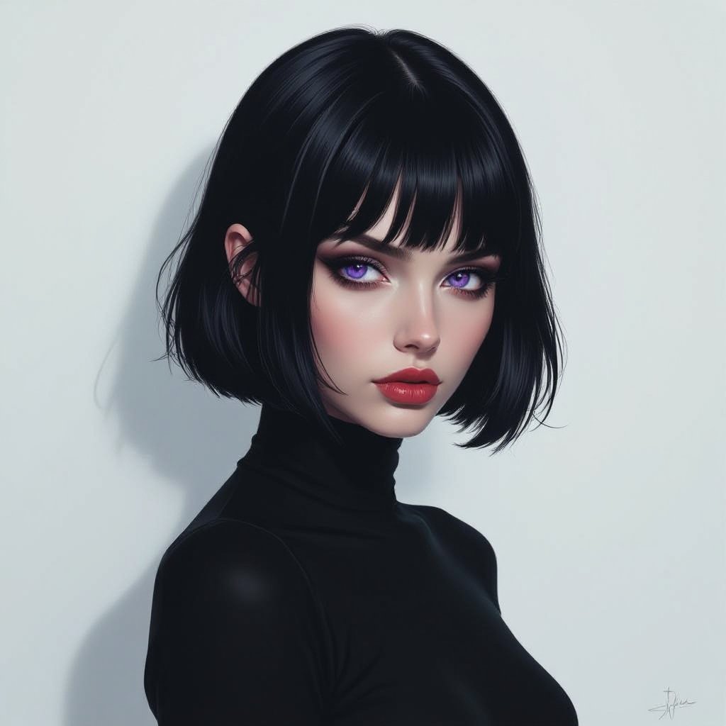 Show her entire body. Create mysterious woman jet-black hair is cut sharp to her jawline, and her violet eyes seem to pierce through darkness. A shadowy aura clings to her form, faint shapes shifting and flickering behind her like whispers of another realm. Show whole body head to toe