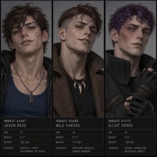 Male, neck length dark brown messy hair, no bangs, smiley face on cheek, dimples, grey eyes, eyebrow slit, blue tank top, black jacket, black necklace, Male, no facial hair, brown choppy messy hair undercut, smirk, pale, gold tooth, scar under eye, scar on cheek, brown long jacket, no facial hair, late 30s, tooth necklace, Male, short curly purple hair, burn scar on right cheek, pale, grey eyes, jacket, gloves, mug shots separate screens