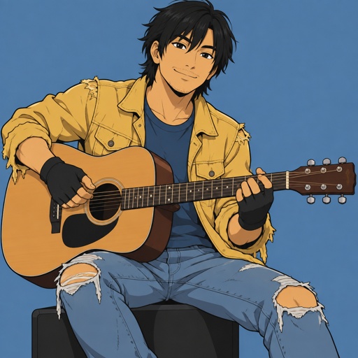 Male, Asian, black messy neck length hair, bangs, light stubble, smile, yellow frayed jacket, ripped jeans, blue shirt, gloves, playing guitar