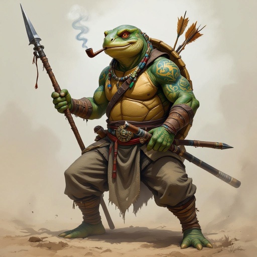 Tall athletic, fit battle tested, middle age, anthropomorphic sulcata tortoise drunken master monk with full shell, dnd tortle monk, wearing dusty monk pants, hand wraps, with long spear decorated with sun and moon trinkets, old smoking pipe in mouth, surrounded by smoke, yellow sun and light blue moon tattoos all over his body, ninja throwing darts at his waistband.
