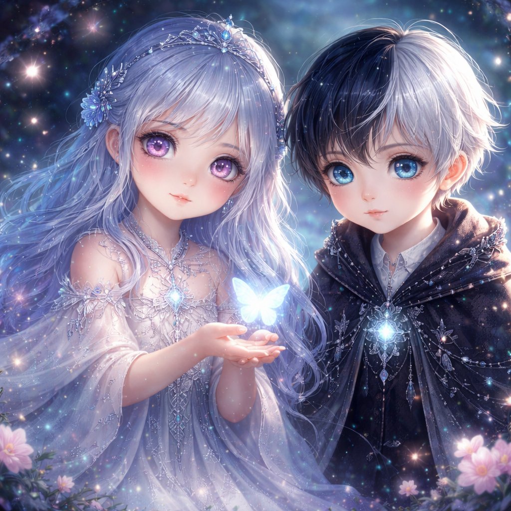 Two small children one girl with white, blue hair and pink eyes and one boy with short white, black hair and blue eyes