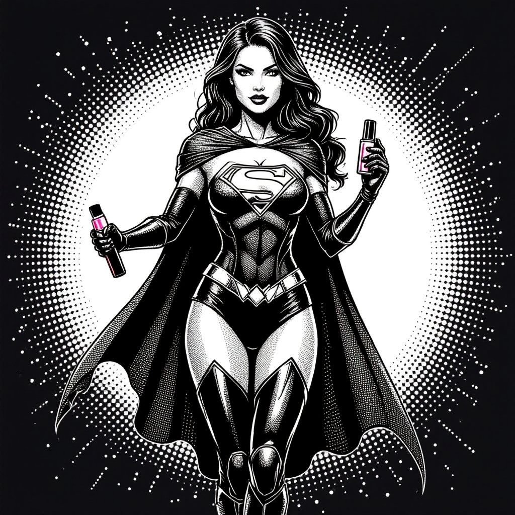 Create a superhero character showing there whole body head to toe, a lady who loves beauty products  