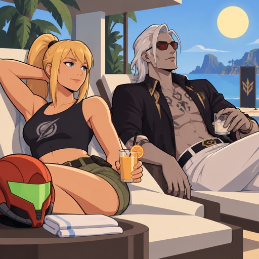 Samus Aran casual clothes, Accurate Kado Thorne from Fortnite pale with white hair, both relaxing in the sun
