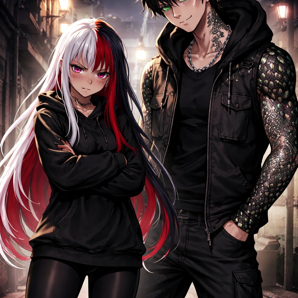 A girl with White long hair with red highlights golden skin ruby eyes she is wearing leggings and a baggy hoodie her sleeves are all the way down and she has a scowl on her face a defiant glare in her eyes next to her is a tall built man he has black hair and gems embedded in his skin almost like snake skin. He has green eyes and his pupils in slits he has pale skin