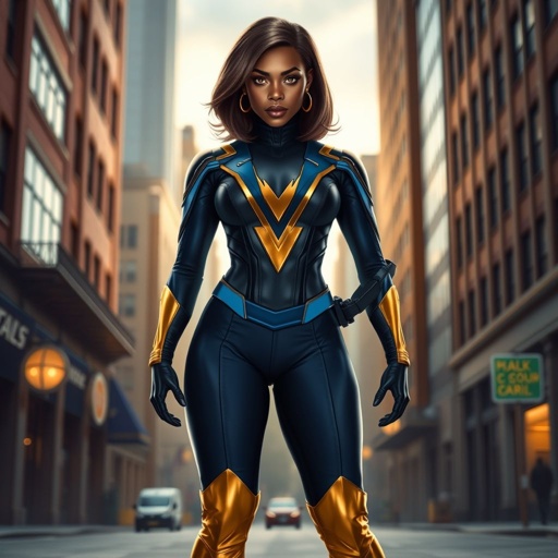 African American female superhero with hair in a shoulder length side part hairstyle with pure Gold Glowing eyes wearing a black blue and gold accented suit with navy blue pants and gold knee length boots with a V with the top half gold and the bottom half black as her chest emblem in Philadelphia