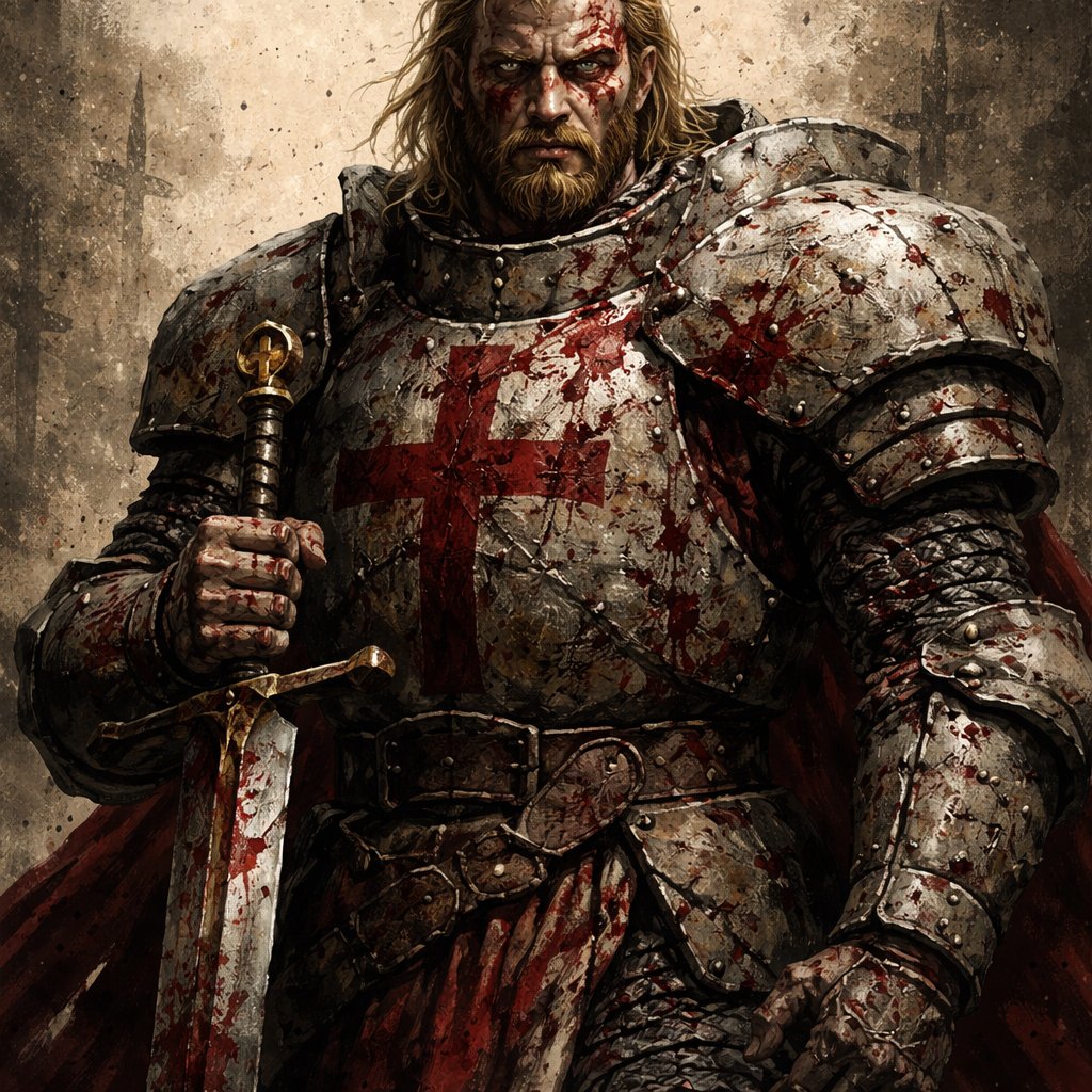 A male battle damaged crusade knight with heavy armor with a beard and a legendary sword blonde hair blue eyes and a large scar across his face tall and muscular with blood