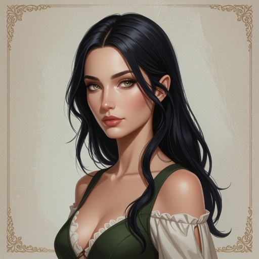 Show character head to toe. Create a mid age fantasy woman jet-black hair is cut sharpand her eyes seem to pierce through darkness. A shadowy aura clings to her form,
