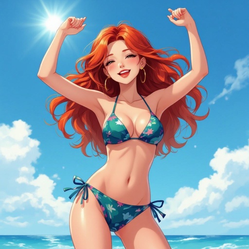 A hot redhead in a bikini dancing 