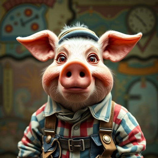 Create a funny looking pig man in the world, with a not so stylish outfit head to toe