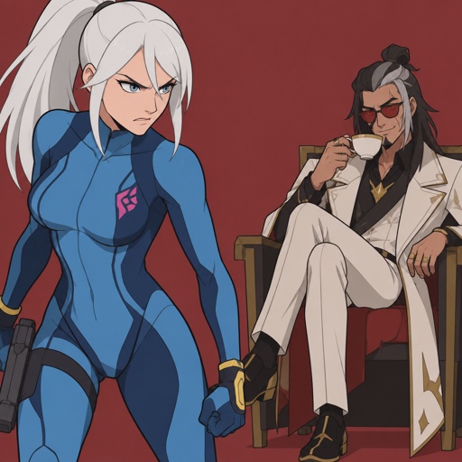 Samus Aran zero suit, angry at Kado Thorne from Fortnite, white hair, he’s sitting on a chair sipping tea, he broke into her house