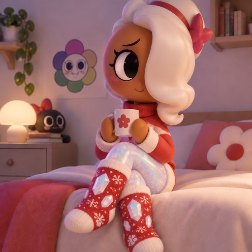 a doll sitting on top of a bed holding a cup