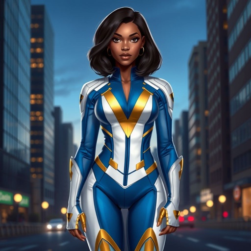 African American female superhero with shoulder length hair in a side part style wearing a homemade white and blue suit with gold accents with a stylized V as her chest emblem wearing gold flat boots standing in Philadelphia at dusk