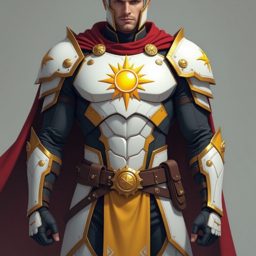 Hero. Half Helm. bright Whites and yellows, slender but muscular,  insignia of the scientific symbol of the sun on his chest. No Cape. No Belt