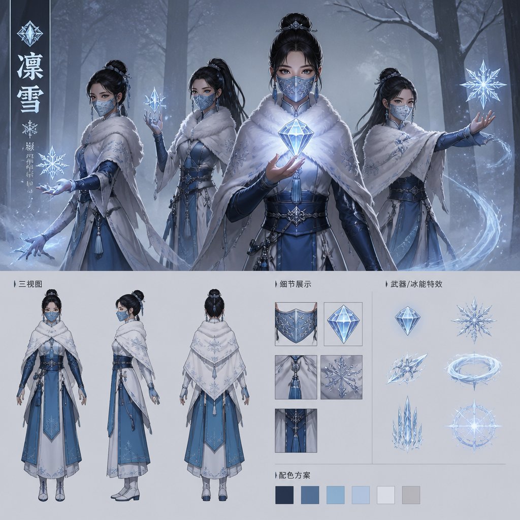 Female superhero with ice powers, mask, Asian , warm shawl, diamond in forest , multiple of the same character