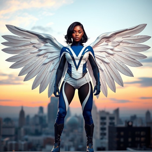 African American female superhero with shoulder length hair in a side part style and wings made of white lightning wearing a domino mask wearing a slightly homemade white blue and black suit with black pants with a stylized V as her chest emblem wearing blue flat boots made of gold standing in Philadelphia at dusk