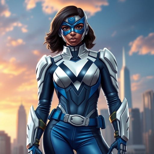 A teenage African American female superhero wearing a domino style mask with slightly curly hair in a shoulder length side part style wearing a armored White and blue suit with blue pants and a stylized V as her chest emblem a utility belt and blue boot heel less standing in Philadelphia
