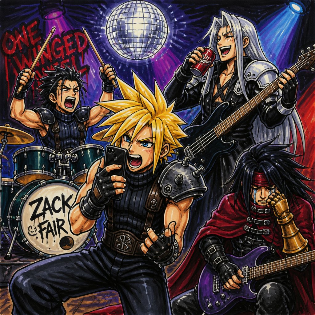 Cloud Zack Sephiroth and Vincent from ff7 cloud with black died tips singing heavy metal very aggressively while on the phone and Zack aggressively playing drums and punching and yelling Sephiroth aggressively playing base and laughing while drinking soda and Vince aggressively playing the guitar and and crying on a stage while brushing his hair with a disco ball