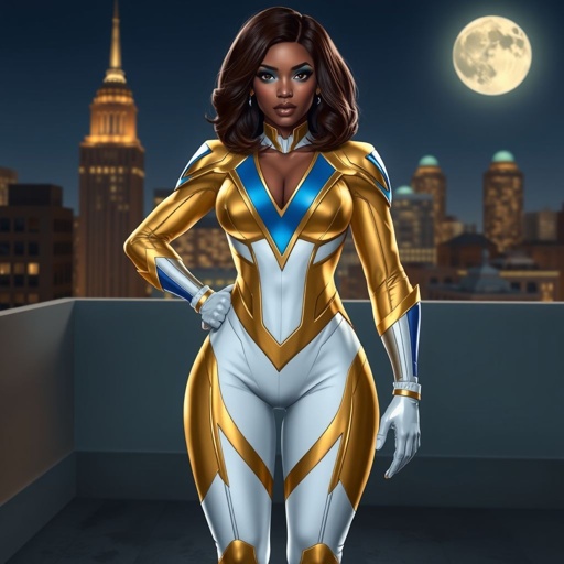 African American female superhero with shoulder length hair in a side part style wearing a gold and white suit with blue accents with white pants and gold boots with a stylized V as her chest emblem standing ona roof in a Philadelphia at night