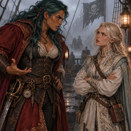 D&D style digital illustration: a foggy ship deck setting where a tall, broad woman with tan skin, freckles, brown eyes, and wavy teal hair scowls from beneath a red pirate cloak. She is arguing with a thin, elegant woman wearing a pastel embroidered adventuring outfit; the slender woman has long pale blonde hair, wide brown eyes, and a frustrated expression, arms crossed tightly as she admonishes the larger woman.
