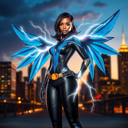 African American female superhero with shoulder length hair in a side part style and wings made of white lightning wearing a slightly homemade  white blue and black suit with black pants with a stylized V as her chest emblem wearing blue flat boots made of gold standing in Philadelphia at dusk