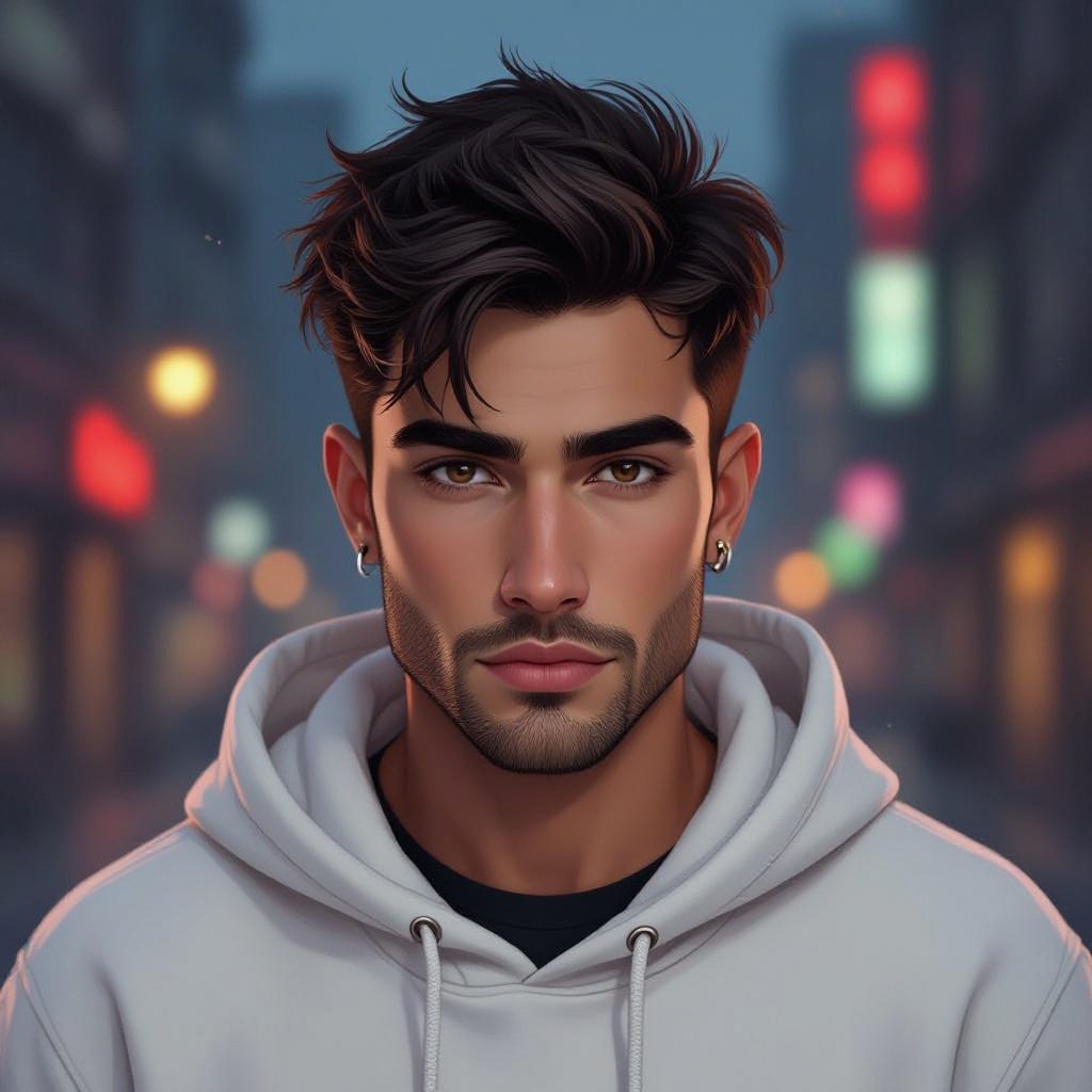 Mężczyzna o krótkich, ciemnobrązowych, włosach. z krótkim zarostem.  ciemne oczy. Ubrany w białą bluzę z kapturem. Wąskie usta, Gęste brwi. Bez kolczyków