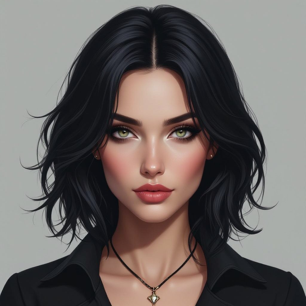 Show character head to toe. Create a mid age fantasy woman jet-black hair is cut sharpand her eyes seem to pierce through darkness. A shadowy aura clings to her form,