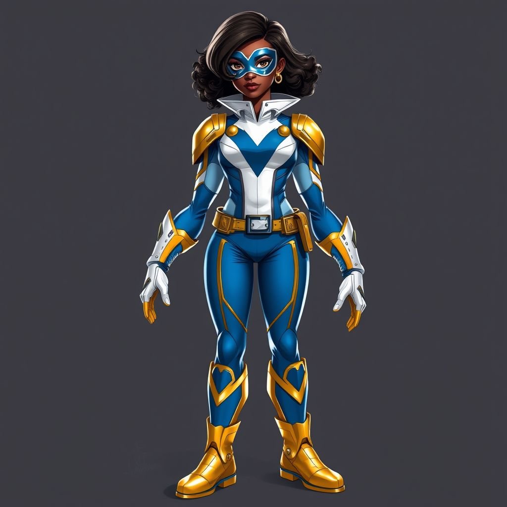 A teenage African American female with shoulder length curly hair  in a side part style superhero  wearing a  DOMINO MASK and a professionally made slightly armored white and blue suit with blue pants gold accents and a stylized V as her chest emblem a utility belt and gold boots