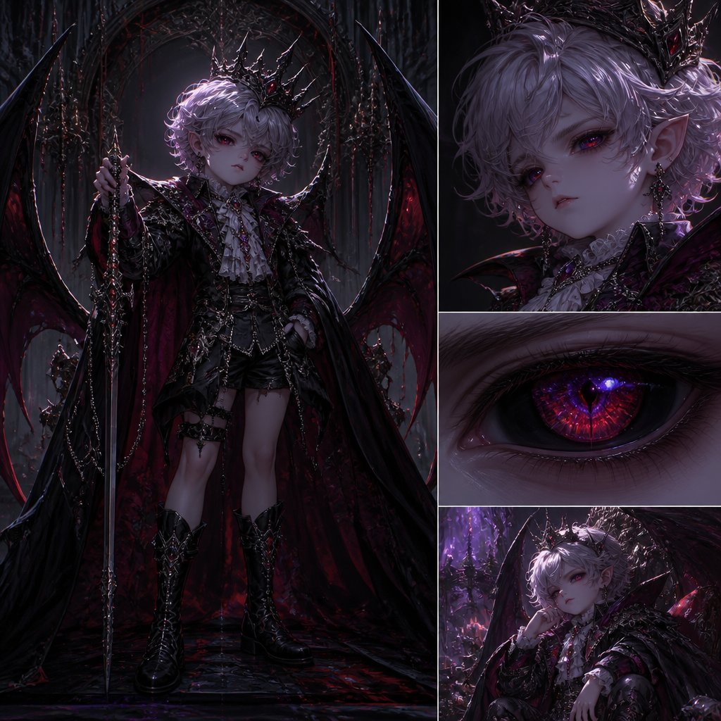 Height: 3.7” Weight: 55kg Age: 100 (looks 5 Earth years) Eyes: Red with Purple flecks (Iris) Black (Sclera) Gender: Male Species: Demon Royalty / Vampire / Fallen Angel