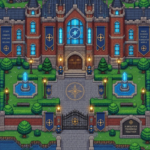 School full building for a futuristic fantasy city game, exterior, top down style